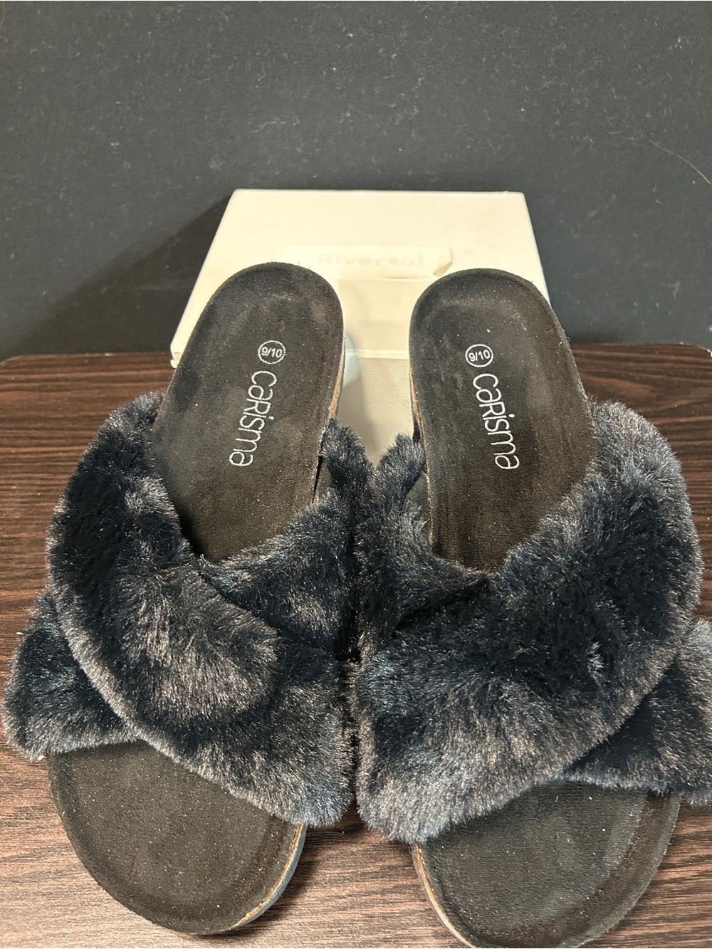 Charisma Black Plush Cross-Band Slide Slippers